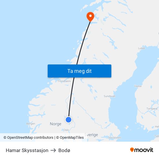 Hamar Skysstasjon to Bodø map