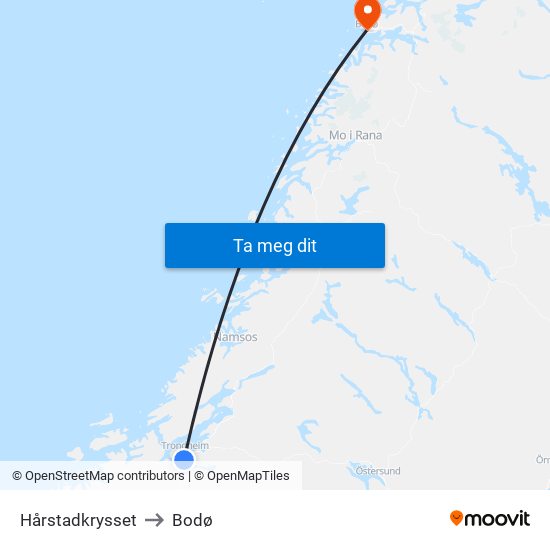 Hårstadkrysset to Bodø map