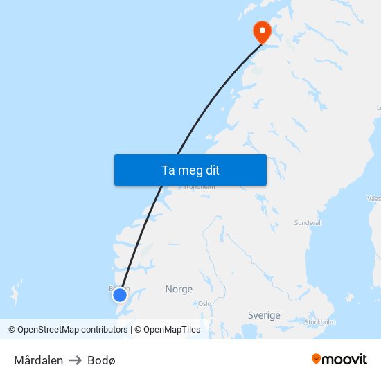 Mårdalen to Bodø map