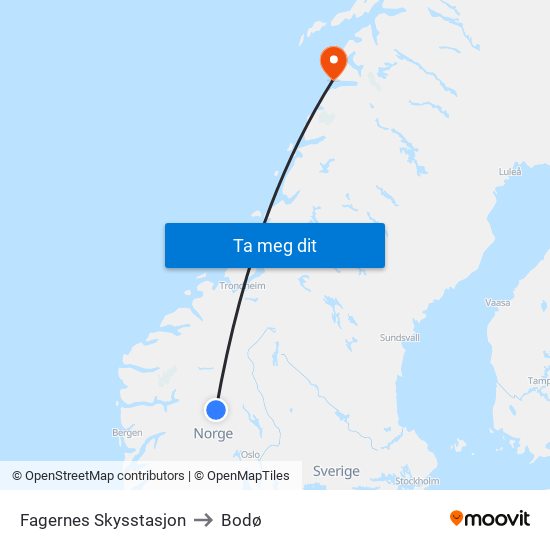 Fagernes Skysstasjon to Bodø map