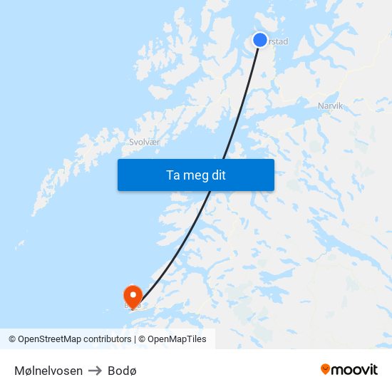Mølnelvosen to Bodø map