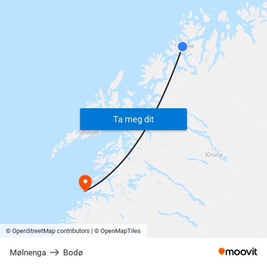 Mølnenga to Bodø map