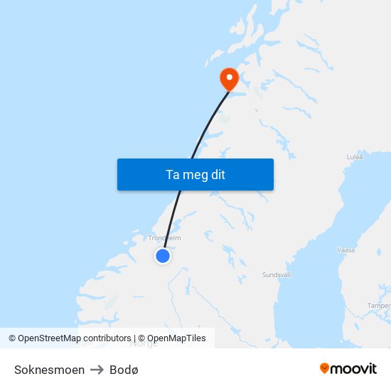 Soknesmoen to Bodø map