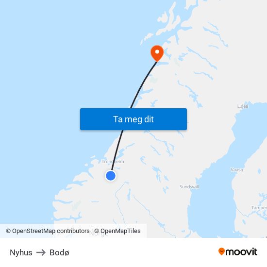 Nyhus to Bodø map