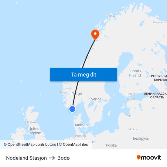 Nodeland Stasjon to Bodø map