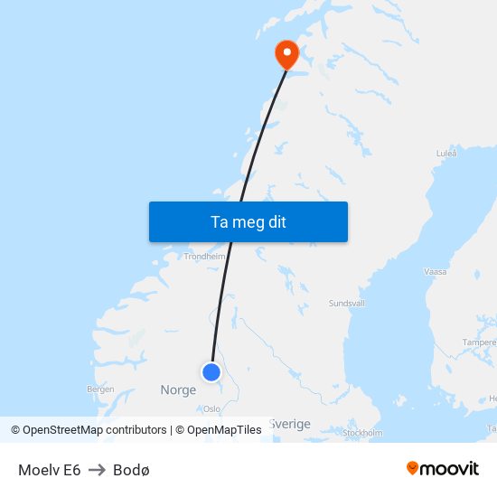 Moelv E6 to Bodø map