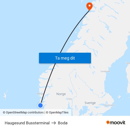 Haugesund Bussterminal to Bodø map