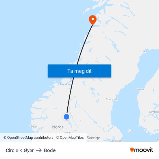 Circle K Øyer to Bodø map