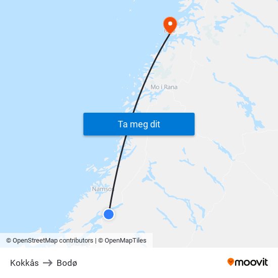 Kokkås to Bodø map