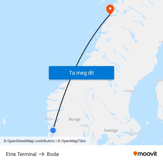 Etne Terminal to Bodø map