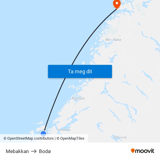 Mebakkan to Bodø map