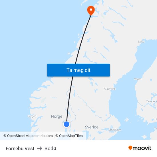 Fornebu Vest to Bodø map