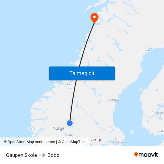 Gaupen Skole to Bodø map