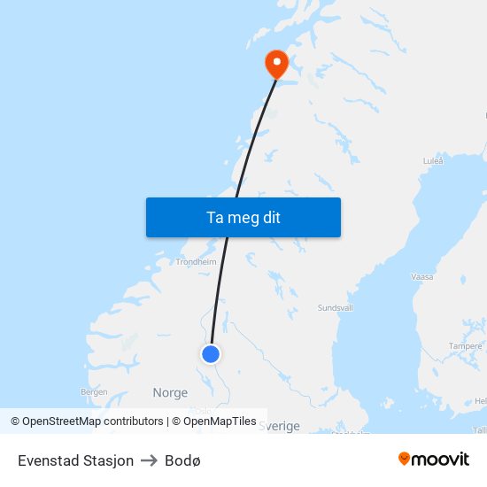 Evenstad Stasjon to Bodø map