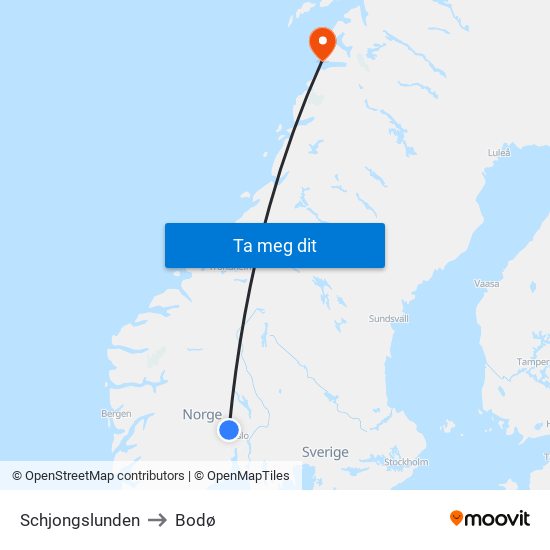 Schjongslunden to Bodø map
