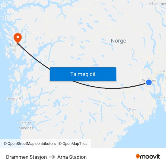Drammen Stasjon to Arna Stadion map