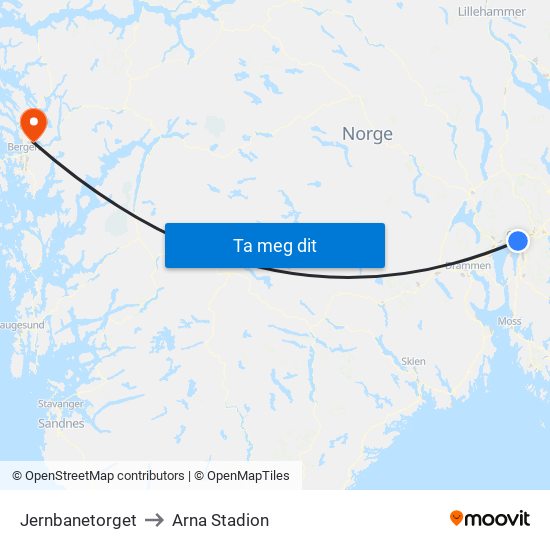 Jernbanetorget to Arna Stadion map