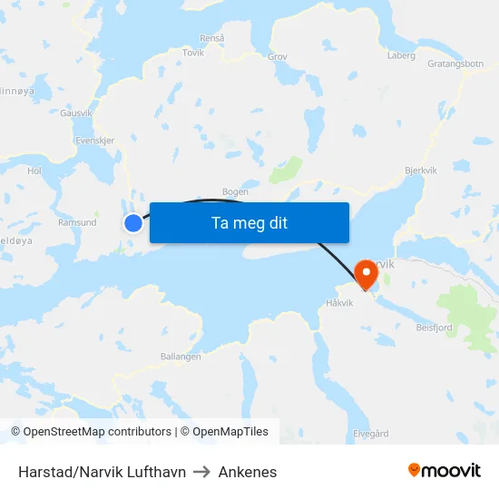 Harstad/Narvik Lufthavn to Ankenes map