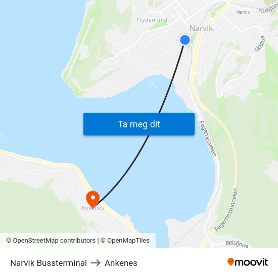 Narvik Bussterminal to Ankenes map