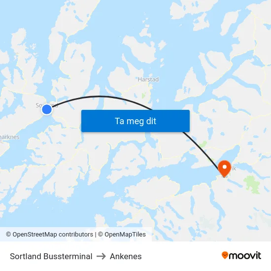Sortland Bussterminal to Ankenes map