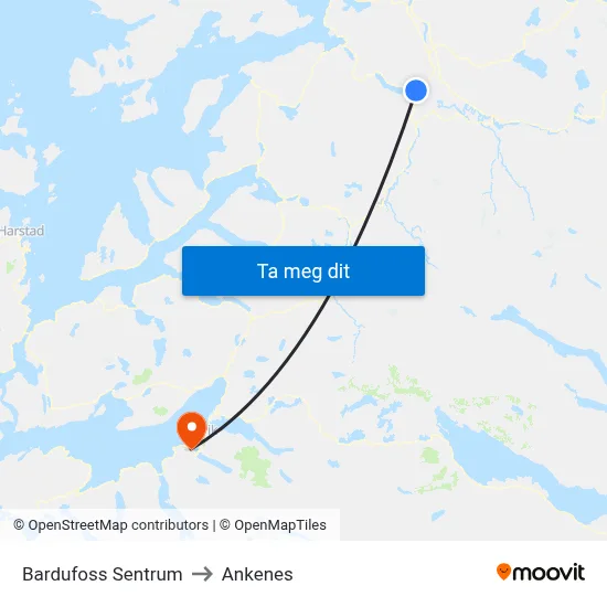 Bardufoss Sentrum to Ankenes map