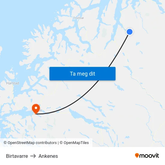 Birtavarre to Ankenes map