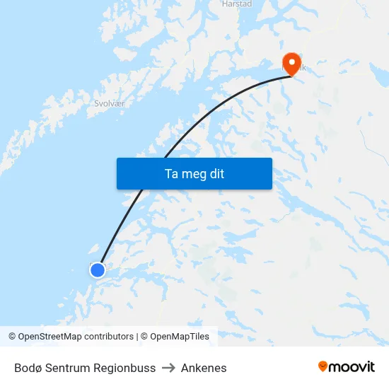 Bodø Sentrum Regionbuss to Ankenes map