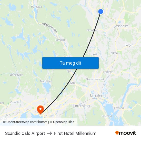 Scandic Oslo Airport to First Hotel Millennium map