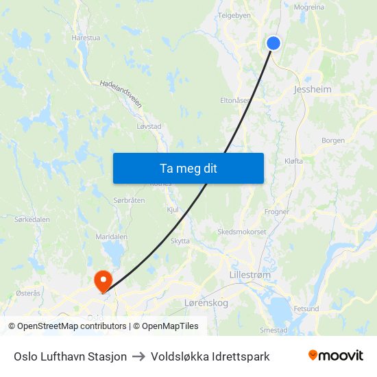Oslo Lufthavn Stasjon to Voldsløkka Idrettspark map