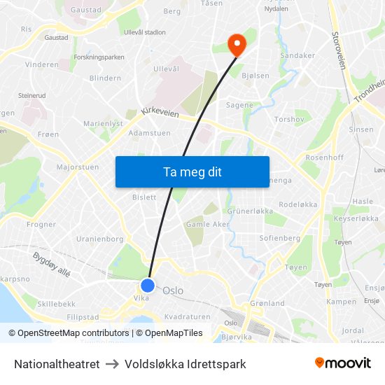 Nationaltheatret to Voldsløkka Idrettspark map