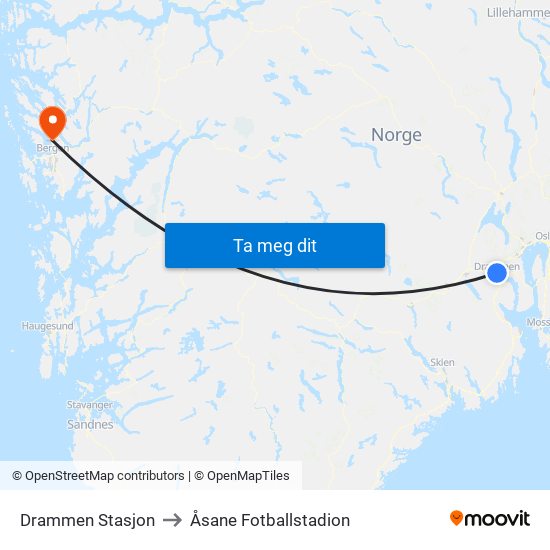 Drammen Stasjon to Åsane Fotballstadion map