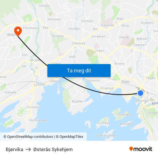Bjørvika to Østerås Sykehjem map