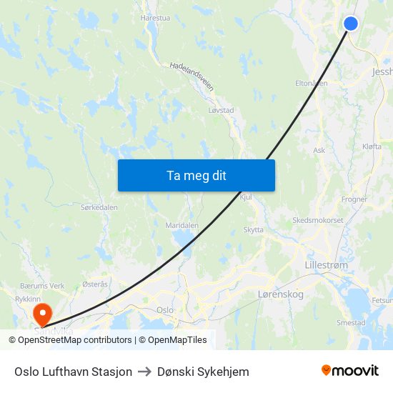 Oslo Lufthavn Stasjon to Dønski Sykehjem map