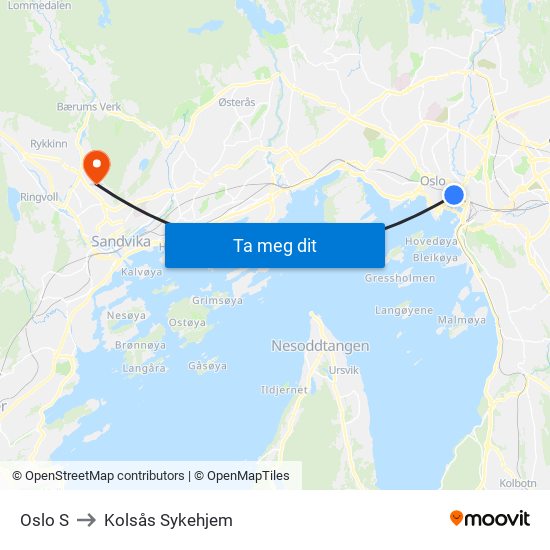 Oslo S to Kolsås Sykehjem map