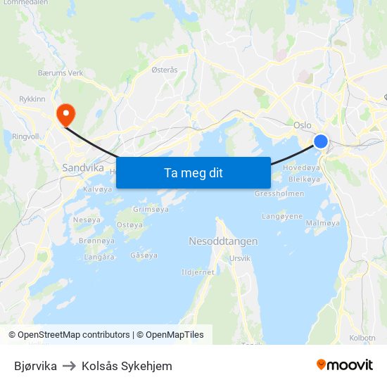 Bjørvika to Kolsås Sykehjem map