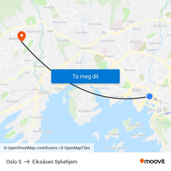 Oslo S to Eiksåsen Sykehjem map
