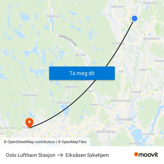 Oslo Lufthavn Stasjon to Eiksåsen Sykehjem map