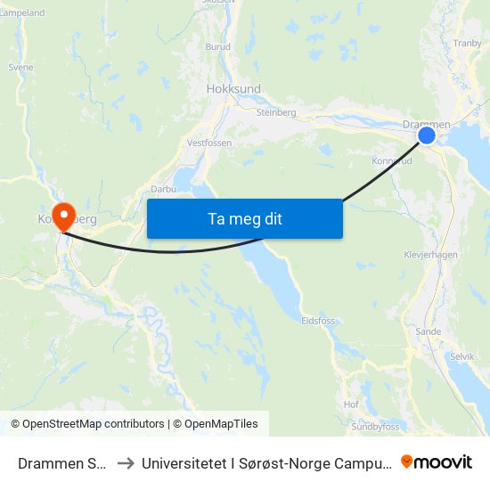 Drammen Stasjon to Universitetet I Sørøst-Norge Campus Kongsberg map