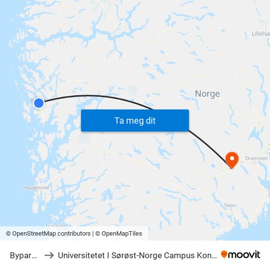 Byparken to Universitetet I Sørøst-Norge Campus Kongsberg map