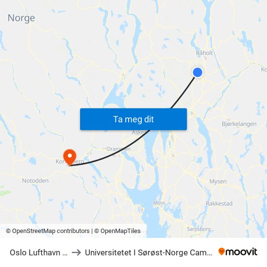 Oslo Lufthavn Stasjon to Universitetet I Sørøst-Norge Campus Kongsberg map