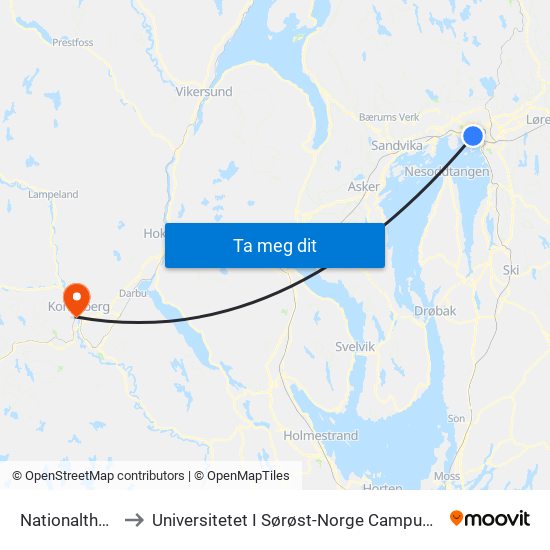 Nationaltheatret to Universitetet I Sørøst-Norge Campus Kongsberg map