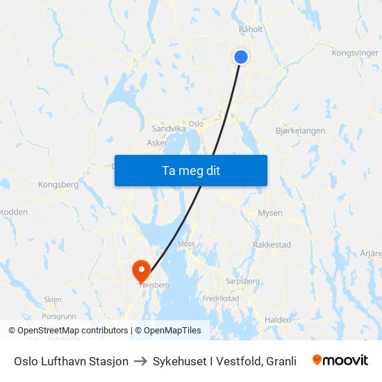 Oslo Lufthavn Stasjon to Sykehuset I Vestfold, Granli map