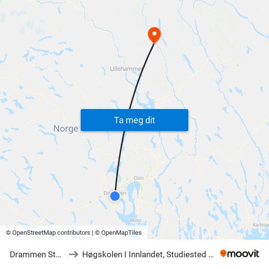 Drammen Stasjon to Høgskolen I Innlandet, Studiested Evenstad map