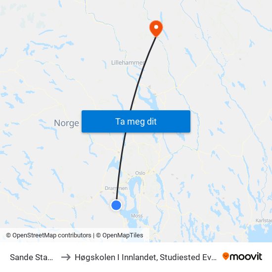 Sande Stasjon to Høgskolen I Innlandet, Studiested Evenstad map