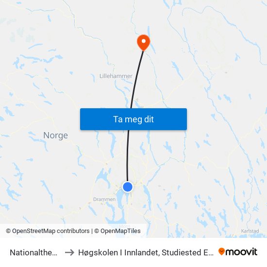 Nationaltheatret to Høgskolen I Innlandet, Studiested Evenstad map