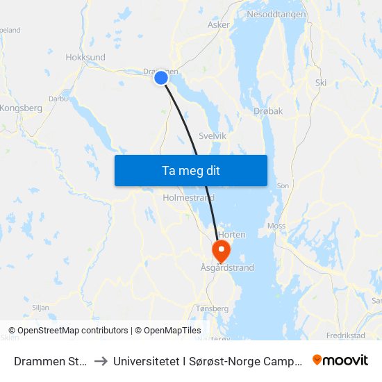 Drammen Stasjon to Universitetet I Sørøst-Norge Campus Vestfold map