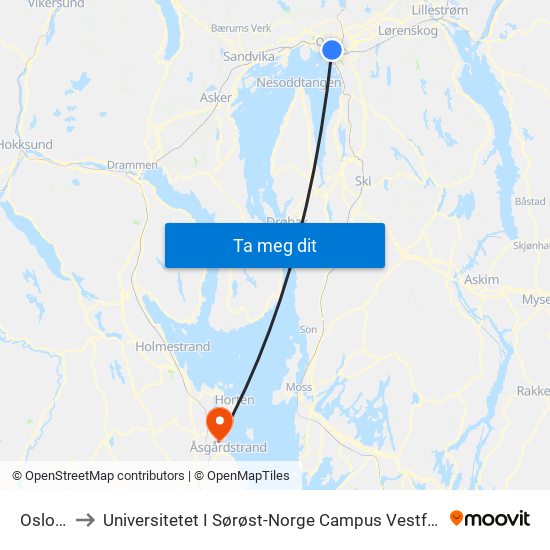 Oslo S to Universitetet I Sørøst-Norge Campus Vestfold map