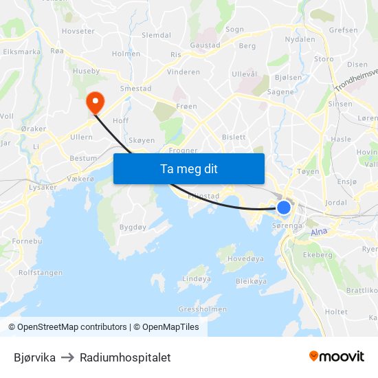 Bjørvika to Radiumhospitalet map