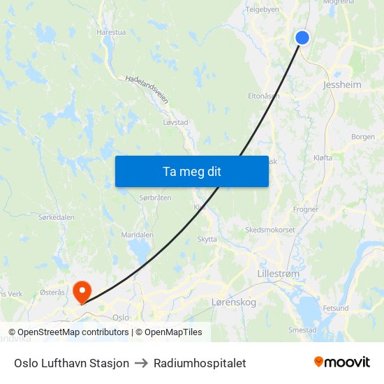 Oslo Lufthavn Stasjon to Radiumhospitalet map