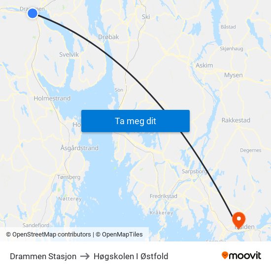 Drammen Stasjon to Høgskolen I Østfold map